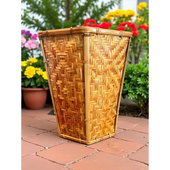 Vintage Bamboo Rattan Basket Waste Bin-Planter-Hexagon Woven Boho-Wicker-Rustic - Picture 1 of 5